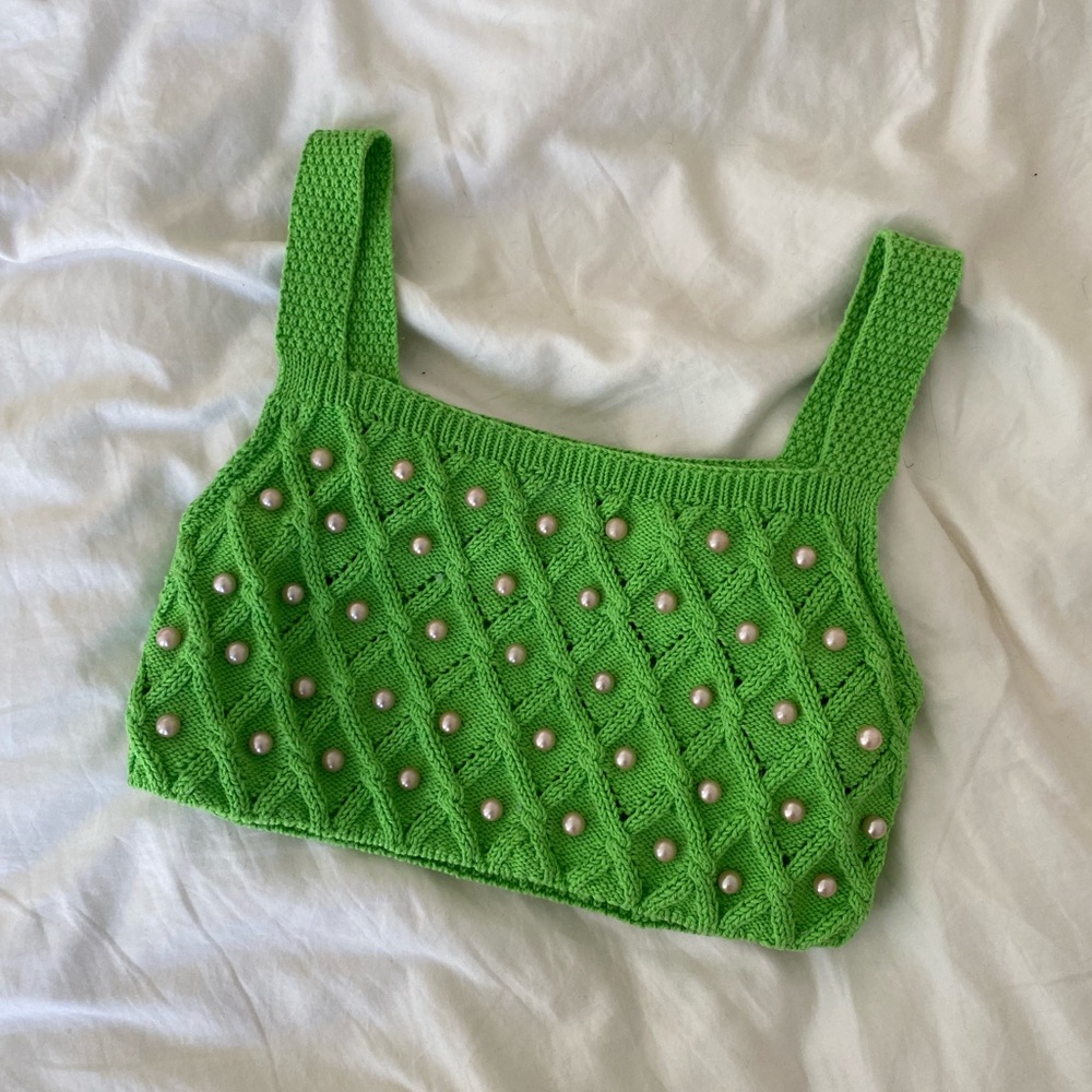 Faux Pearl Appliqués Knit Top Green